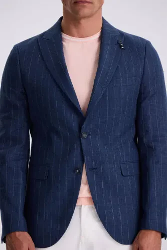 Lacivert Slim Fit Kırlangıç Yaka Çizgili Keten Pamuk Mevsimlik Ceket - 3
