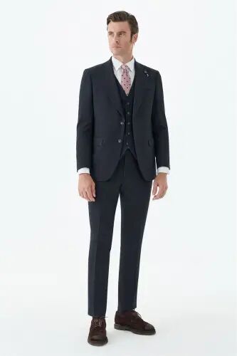 Lacivert Slim Fit Krlangıç Yaka Yelekli Çizgili Takım Elbise - Jakamen (1)