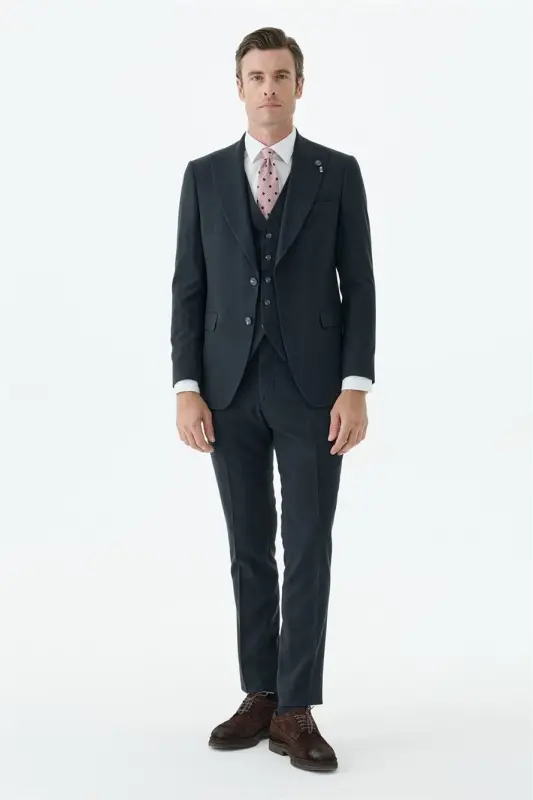 Lacivert Slim Fit Krlangıç Yaka Yelekli Çizgili Takım Elbise - 1