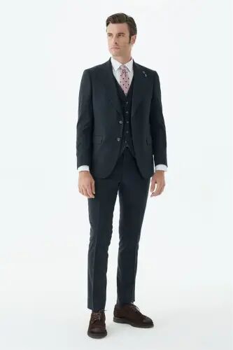 Lacivert Slim Fit Krlangıç Yaka Yelekli Çizgili Takım Elbise - JAKAMEN (1)