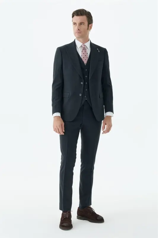 Lacivert Slim Fit Krlangıç Yaka Yelekli Çizgili Takım Elbise - 2