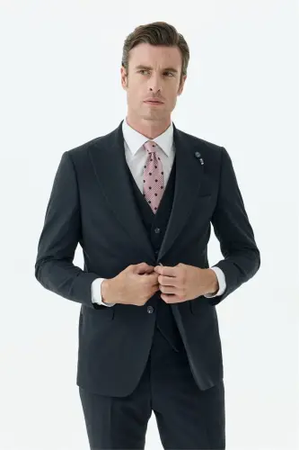 Lacivert Slim Fit Krlangıç Yaka Yelekli Çizgili Takım Elbise - 3