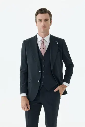 Lacivert Slim Fit Krlangıç Yaka Yelekli Çizgili Takım Elbise - 4