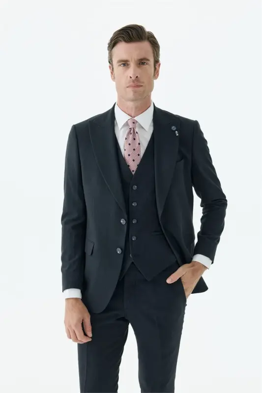 Lacivert Slim Fit Krlangıç Yaka Yelekli Çizgili Takım Elbise - 4