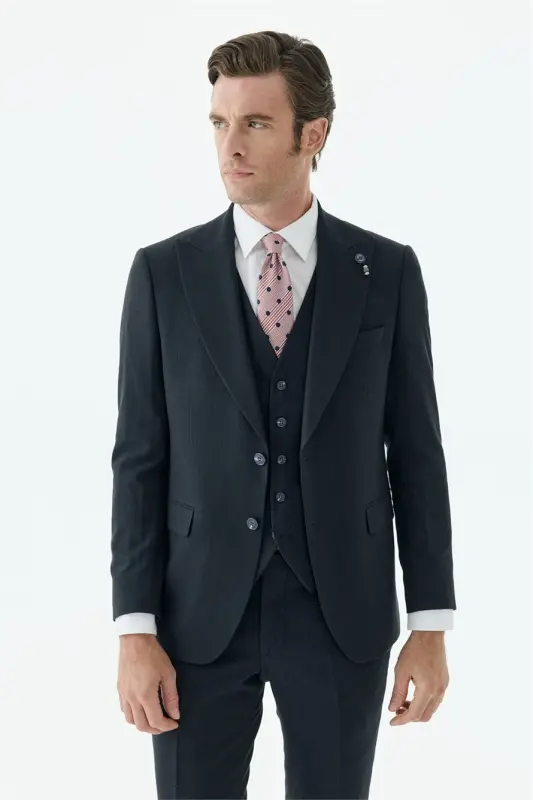 Lacivert Slim Fit Krlangıç Yaka Yelekli Çizgili Takım Elbise - 5