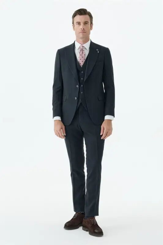 Lacivert Slim Fit Krlangıç Yaka Yelekli Çizgili Takım Elbise - JAKAMEN