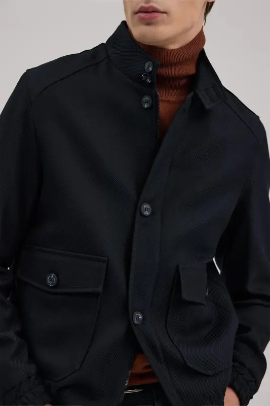 Lacivert Slim Fit Mono Yaka Cepli Ceket Görünümlü Mont - 3