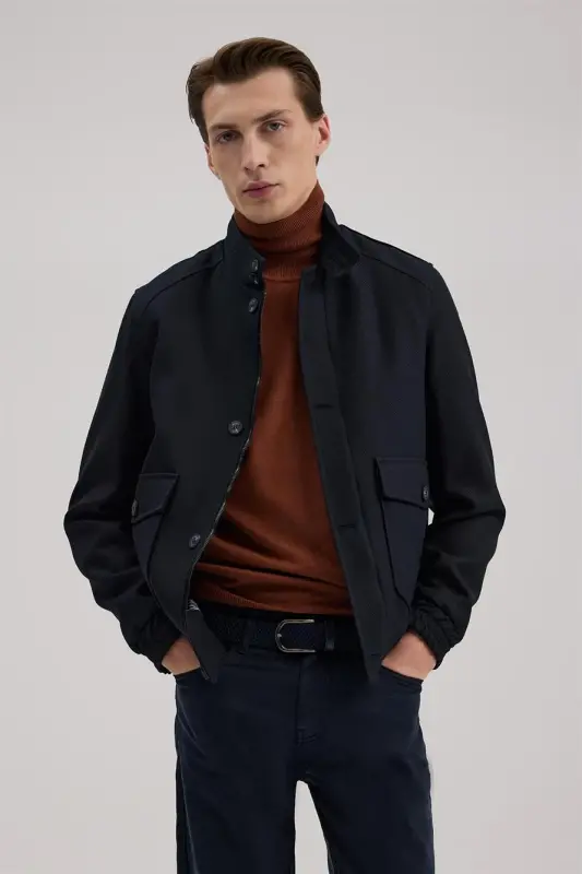 Lacivert Slim Fit Mono Yaka Cepli Ceket Görünümlü Mont - 2