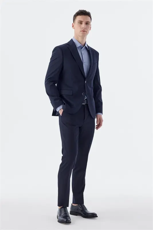 Lacivert Slim Fit Mono Yaka Çift Yırtmaç Ceket - 2