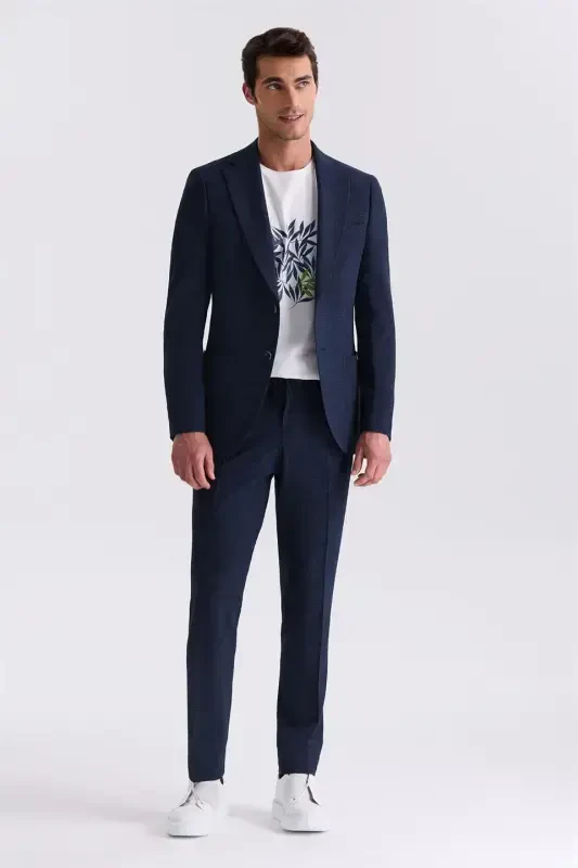 Lacivert Slim Fit Mono Yaka Desenli Spor Takım Elbise - 1