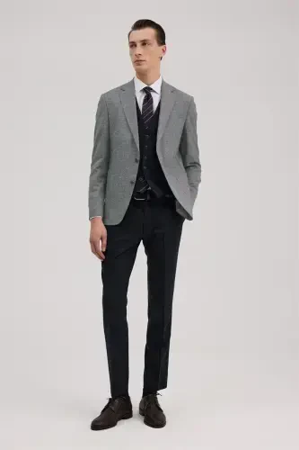 Lacivert Slim Fit Mono Yaka Yelekli Keten Karışımllı Takım Elbise - 1