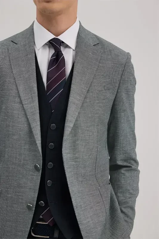 Lacivert Slim Fit Mono Yaka Yelekli Keten Karışımllı Takım Elbise - 3