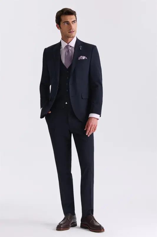 Lacivert Slim Fit Mono Yaka Yelekli Takım Elbise - 1