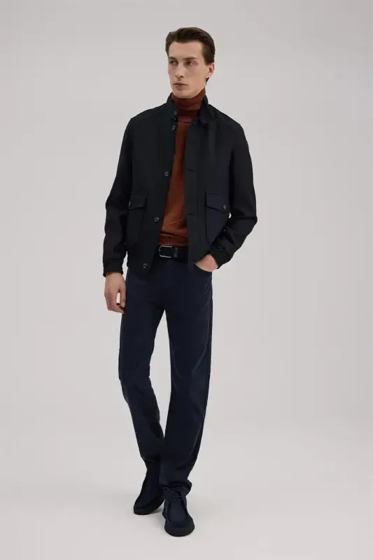 Lacivert Slim Fit Mono Yoqali Cho'ntakli Ko'rinishli Kurtka Palto - JAKAMEN