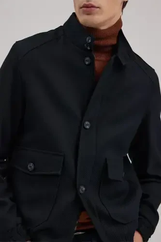 Lacivert Slim Fit Mono Yoqali Cho'ntakli Ko'rinishli Kurtka Palto - 3