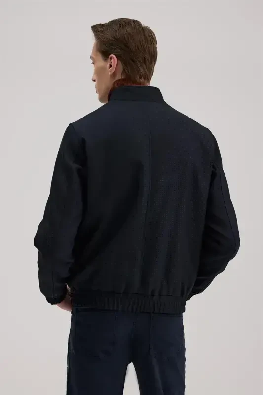 Lacivert Slim Fit Mono Yoqali Cho'ntakli Ko'rinishli Kurtka Palto - 4