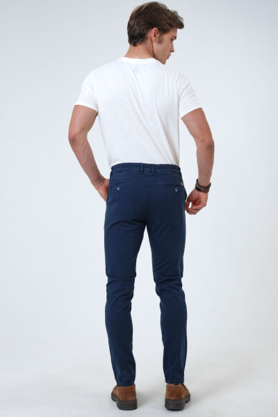 Lacivert Slim Fit Pamuklu Armürlü Chino Pantolon - 5