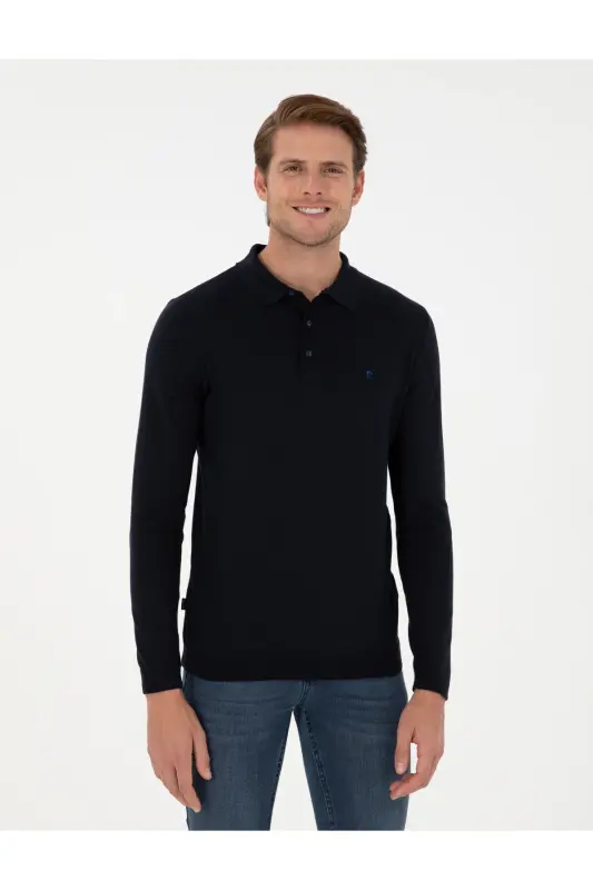 Lacivert Slim Fit Polo Yaka Basic Triko Kazak 50296623-VR033-Lacivert - PIERRE CARDIN