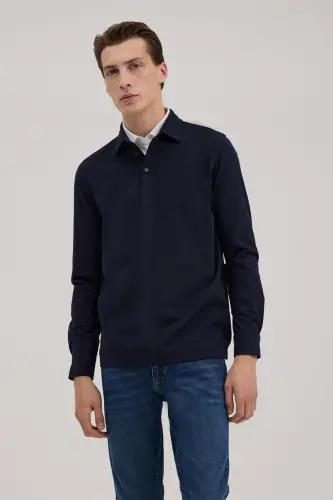 Lacivert Slim Fit Polo Yaka Sweatshirt - JAKAMEN (1)
