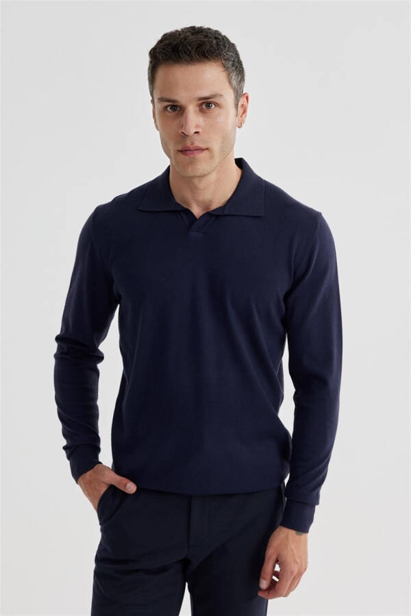 Lacivert Slim Fit Polo Yaka Triko Kazak - 2