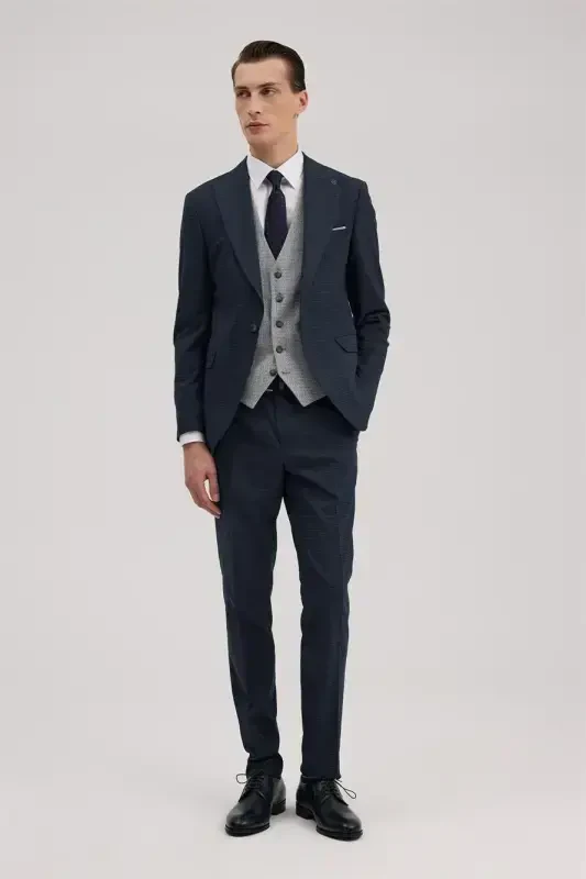 Lacivert Slim Fit Qaldirg'och Yoqali Nimchali Kombinli Kostyum - JAKAMEN