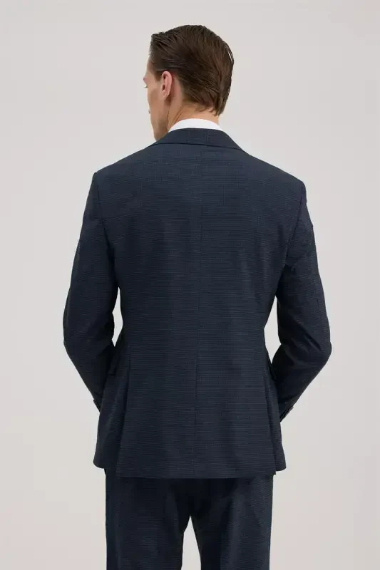 Lacivert Slim Fit Qaldirg'och Yoqali Nimchali Kombinli Kostyum - 4