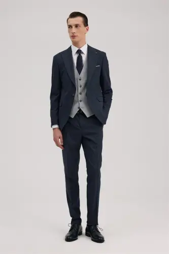 Lacivert Slim Fit Qaldirg'och Yoqali Nimchali Kombinli Kostyum 