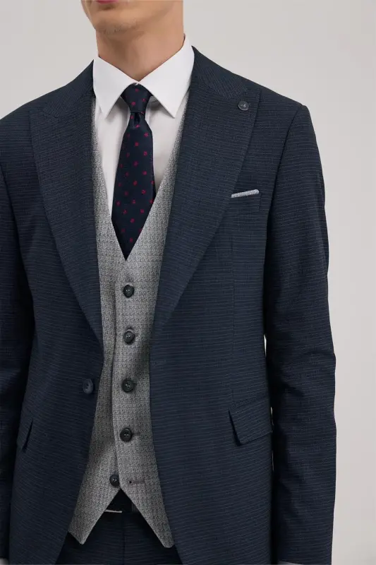 Lacivert Slim Fit Qaldirg'och Yoqali Nimchali Kombinli Kostyum - 3