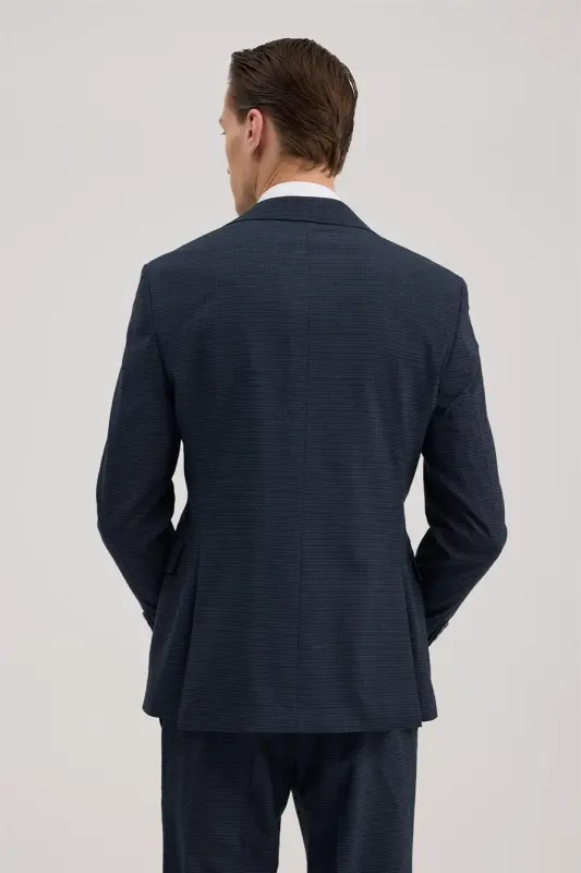 Lacivert Slim Fit Qaldirg'och Yoqali Nimchali Kombinli Kostyum - 4