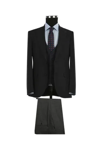 Lacivert Slim Fit Sivri Yaka Çizgili Kombinli Yelekli Takım Elbise - JAKAMEN