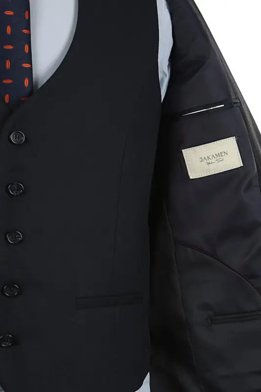 Lacivert Slim Fit Sivri Yaka Çizgili Kombinli Yelekli Takım Elbise - 1