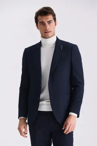 Lacivert Slim Fit Sivri Yaka Desenli Spor Ceket 