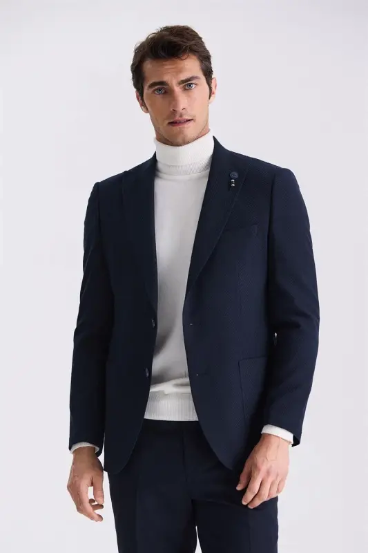 Lacivert Slim Fit Sivri Yaka Desenli Spor Ceket - JAKAMEN