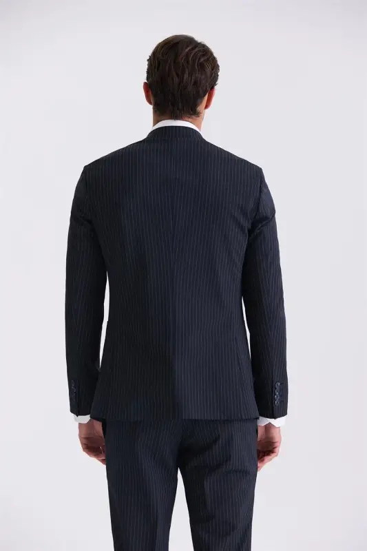 Lacivert Slim Fit Sivri Yaka Strech Çizgili Jogger Takım Elbise - 4