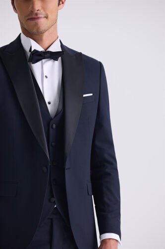 Lacivert Slim Fit Sivri Yaka Yelekli Smokin Takım Elbise - 3