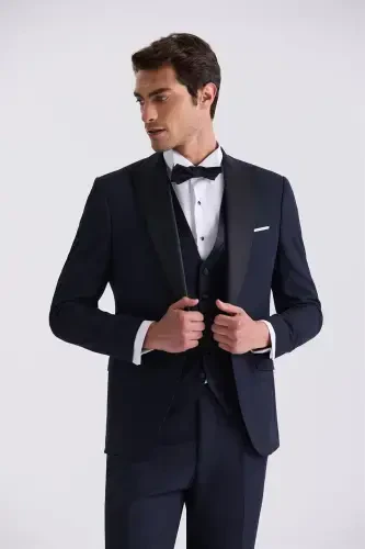 Lacivert Slim Fit Sivri Yaka Yelekli Smokin Takım Elbise 