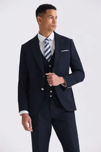 Lacivert Slim Fit Sivri Yaka Yelekli Takım Elbise - Jakamen (1)