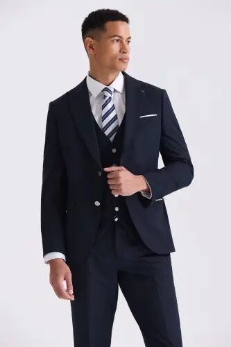 Lacivert Slim Fit Sivri Yaka Yelekli Takım Elbise - Jakamen (1)