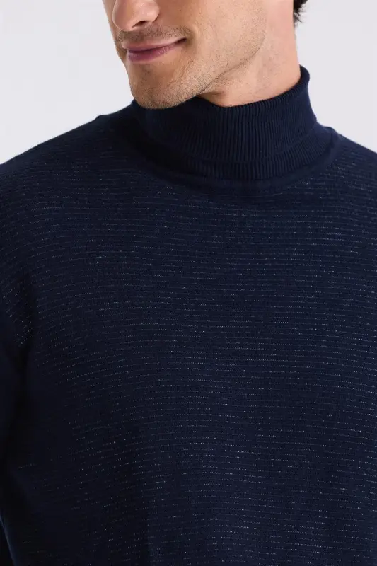 Lacivert Slim Fit Tam Balıkçı Yaka Triko Kazak - 1