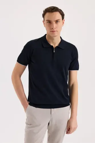 Lacivert Slim Fit Triko Fermualı Polo Yaka T-Shirt - 1