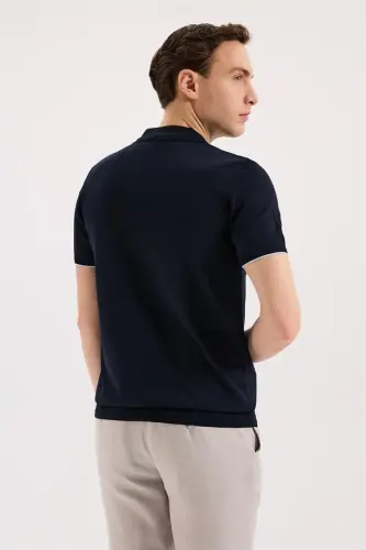 Lacivert Slim Fit Triko Fermualı Polo Yaka T-Shirt - 4