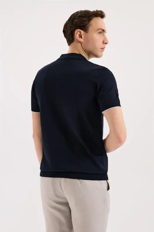 Lacivert Slim Fit Triko Fermualı Polo Yaka T-Shirt - 4