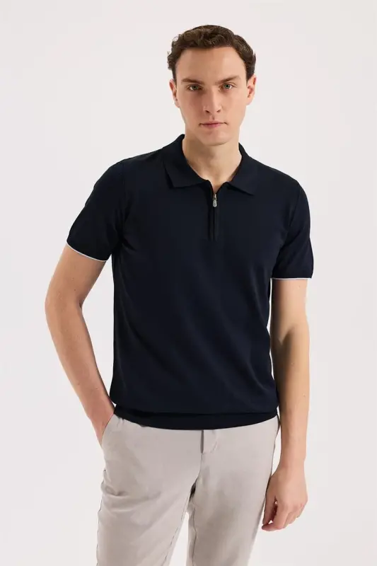 Lacivert Slim Fit Triko Fermuarlı Polo Yaka T-Shirt - JAKAMEN