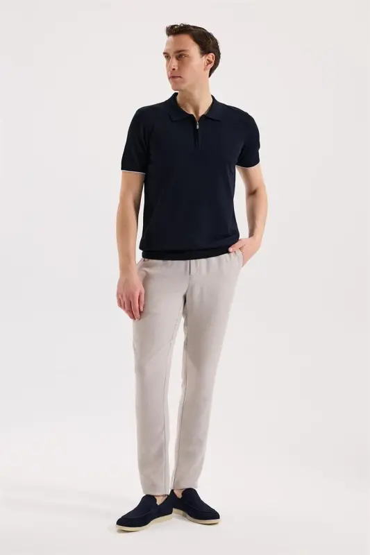 Lacivert Slim Fit Triko Fermuarlı Polo Yaka T-Shirt - 2