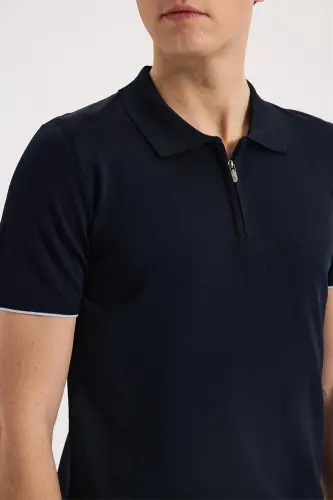 Lacivert Slim Fit Triko Fermuarlı Polo Yaka T-Shirt - 3