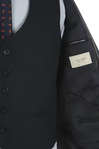 Lacivert Slim Fit Uchli Yoqali Chiziqli Kombinatsiyalangan Jiletli Kostyum - 4