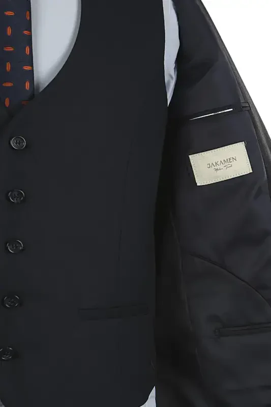 Lacivert Slim Fit Uchli Yoqali Chiziqli Kombinatsiyalangan Jiletli Kostyum - 4