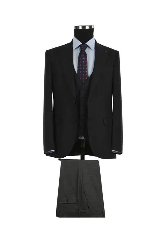 Lacivert Slim Fit Uchli Yoqali Chiziqli Kombinatsiyalangan Jiletli Kostyum - JAKAMEN