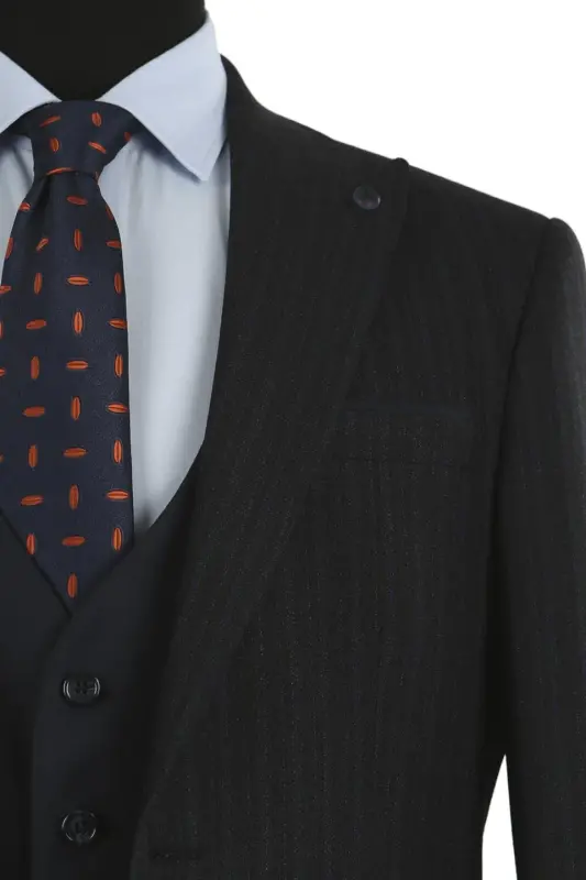 Lacivert Slim Fit Uchli Yoqali Chiziqli Kombinatsiyalangan Jiletli Kostyum - 2