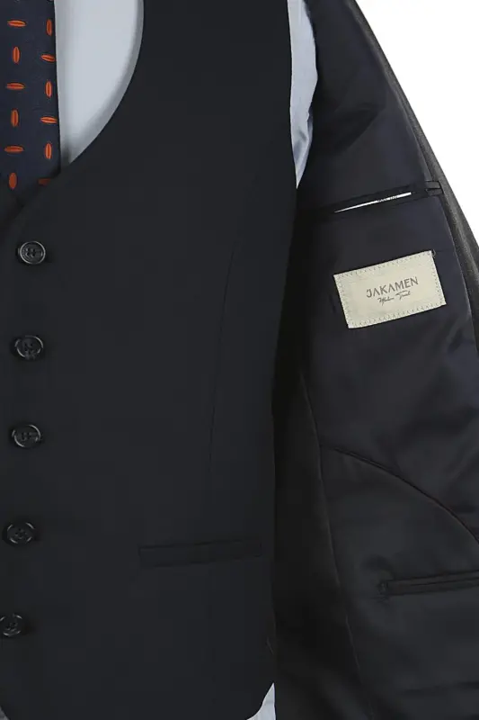Lacivert Slim Fit Uchli Yoqali Chiziqli Kombinatsiyalangan Jiletli Kostyum - 4